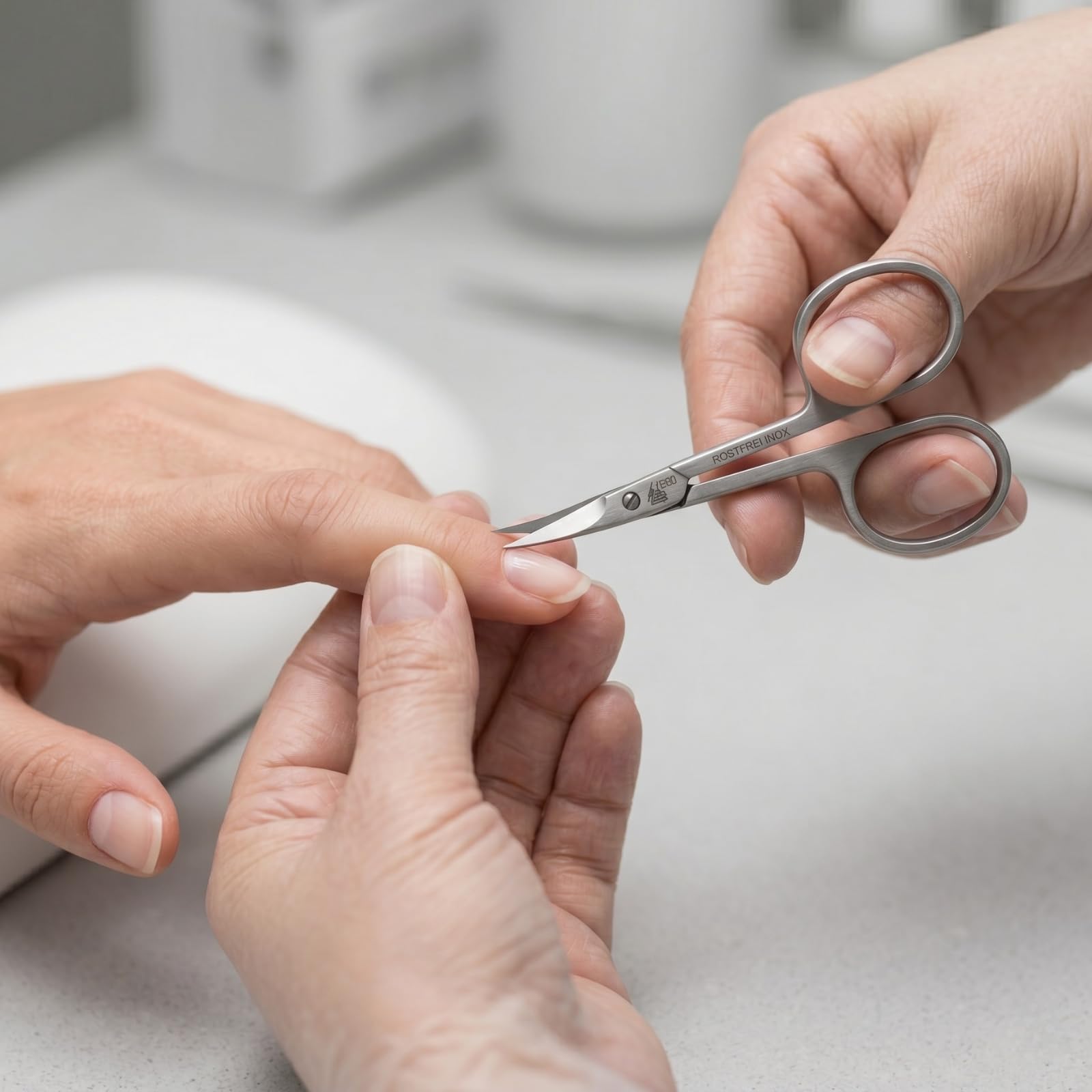 Erbe INOX cuticle scissors showing the compact ergonomic finger loops and fine tip alignment