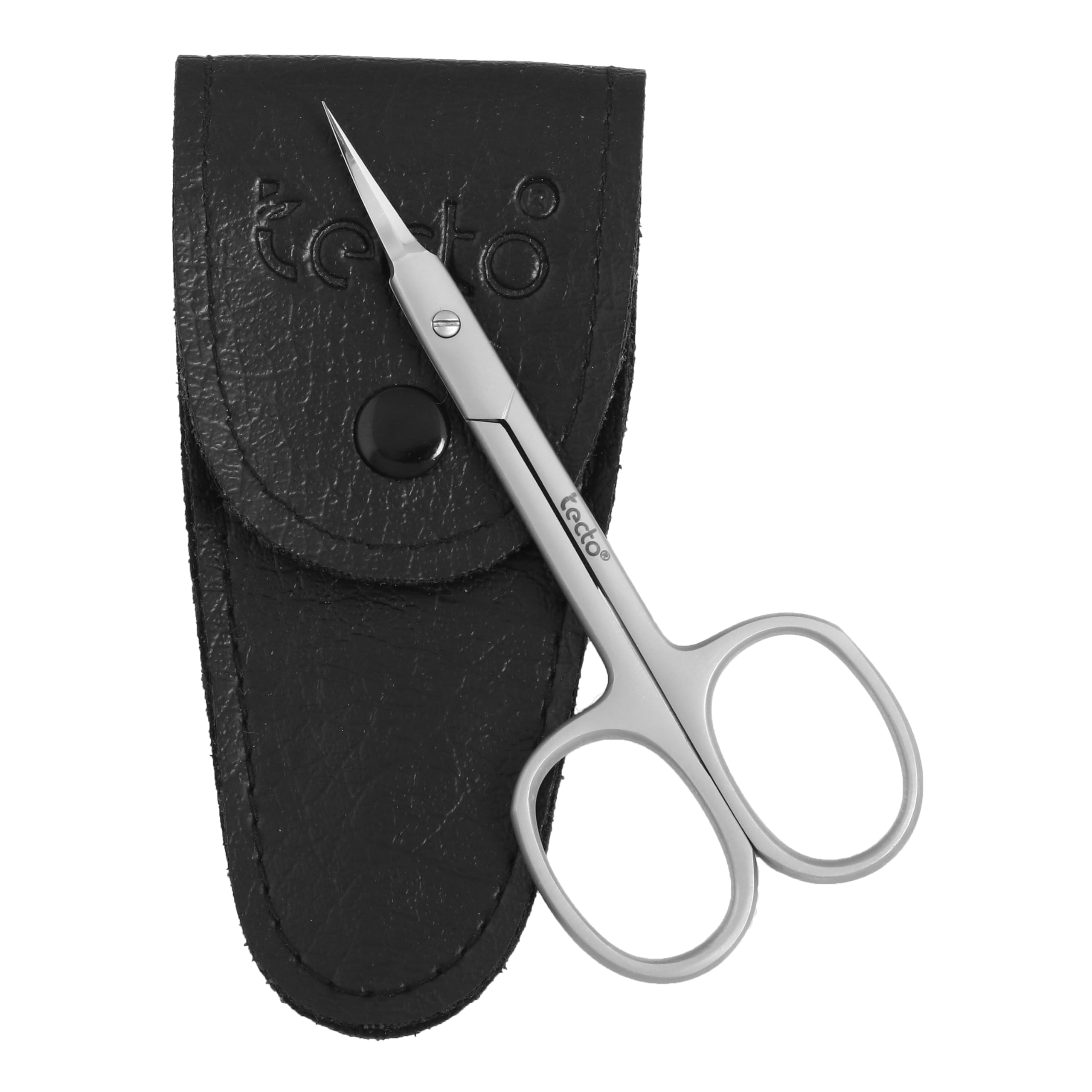 Close up shot of the extra fine tip on the Tecto manicure scissors demonstrating precision alignment for cuticle trimming.