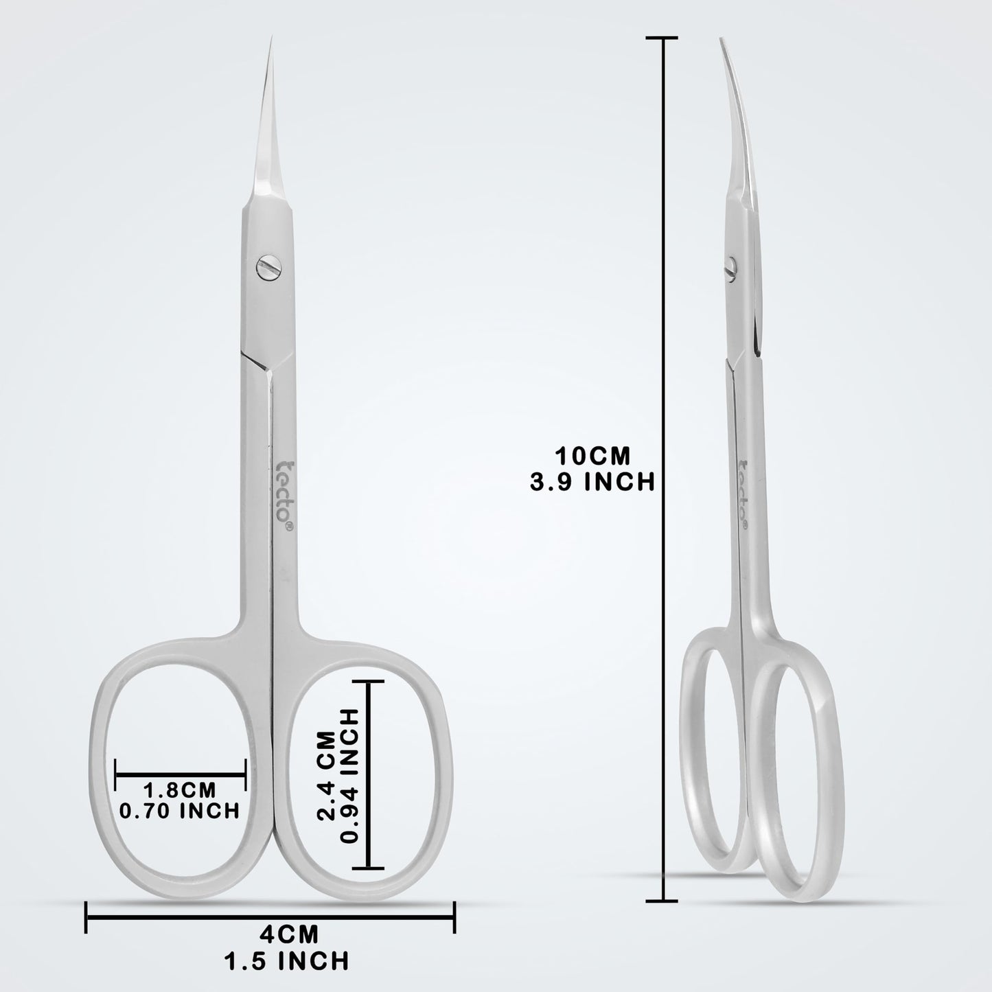 Tecto stainless steel grooming scissors held by a user highlighting the comfortable ergonomic handle loops.