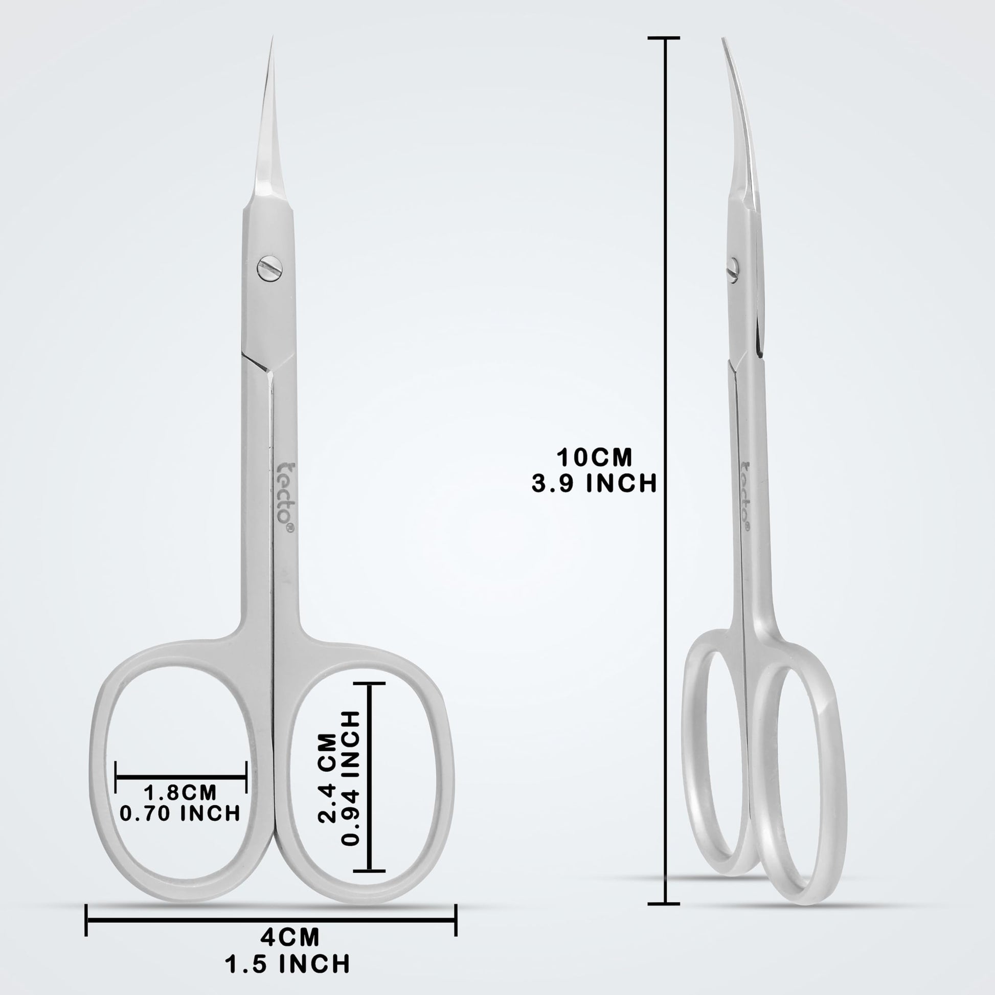 Tecto stainless steel grooming scissors held by a user highlighting the comfortable ergonomic handle loops.
