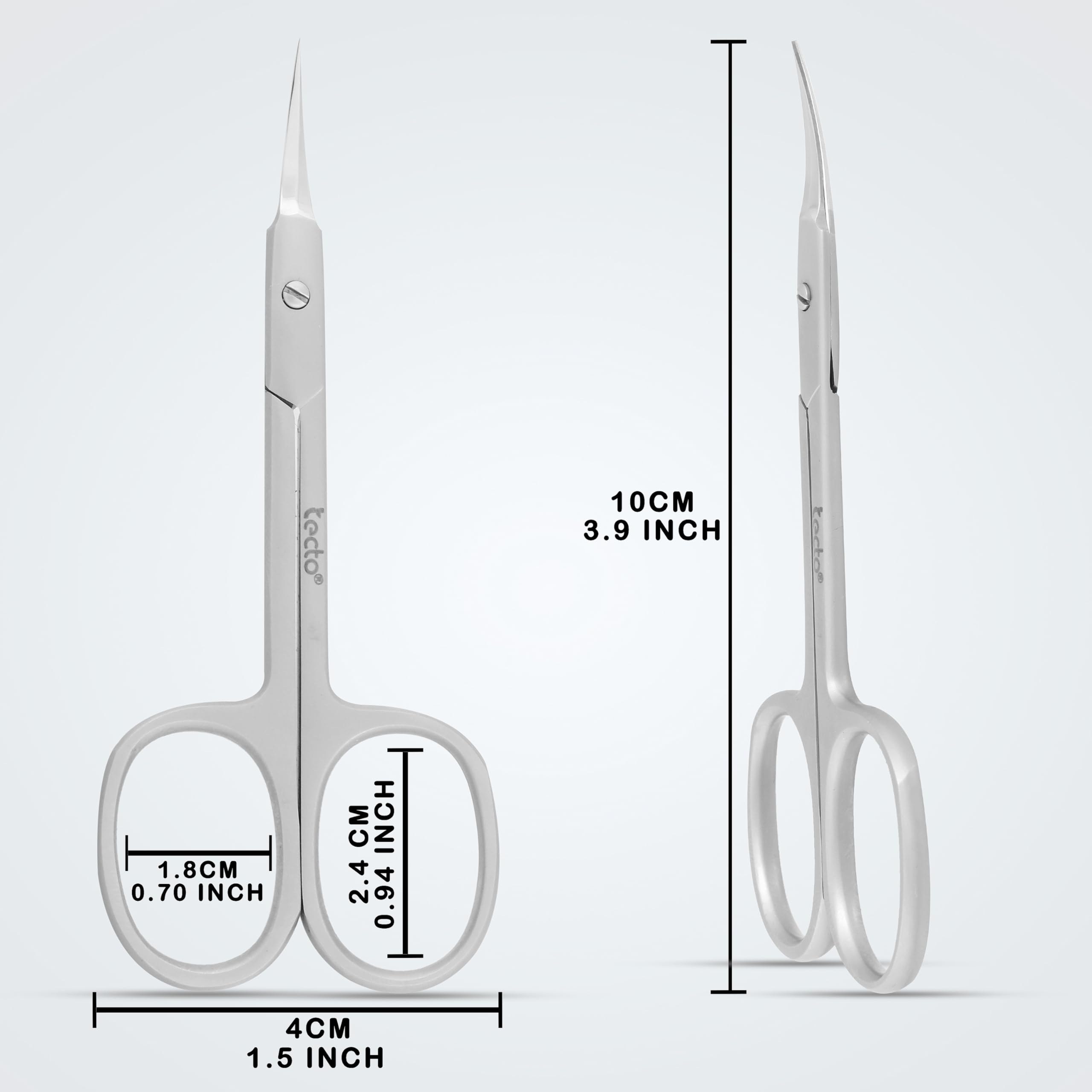 Tecto stainless steel grooming scissors held by a user highlighting the comfortable ergonomic handle loops.