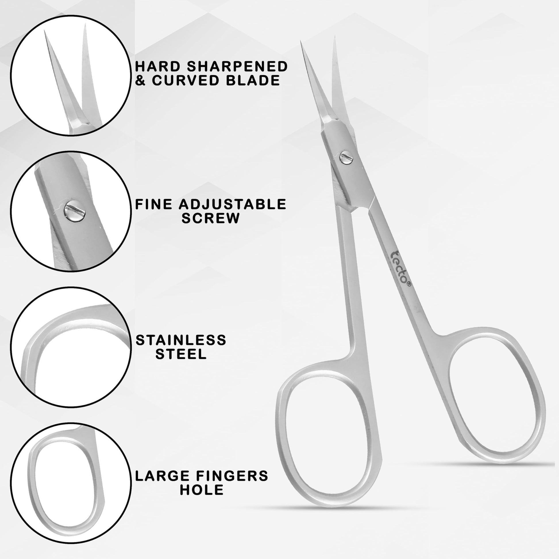 Packaging display of the Tecto professional stainless steel manicure scissors for premium personal care gift presentation.