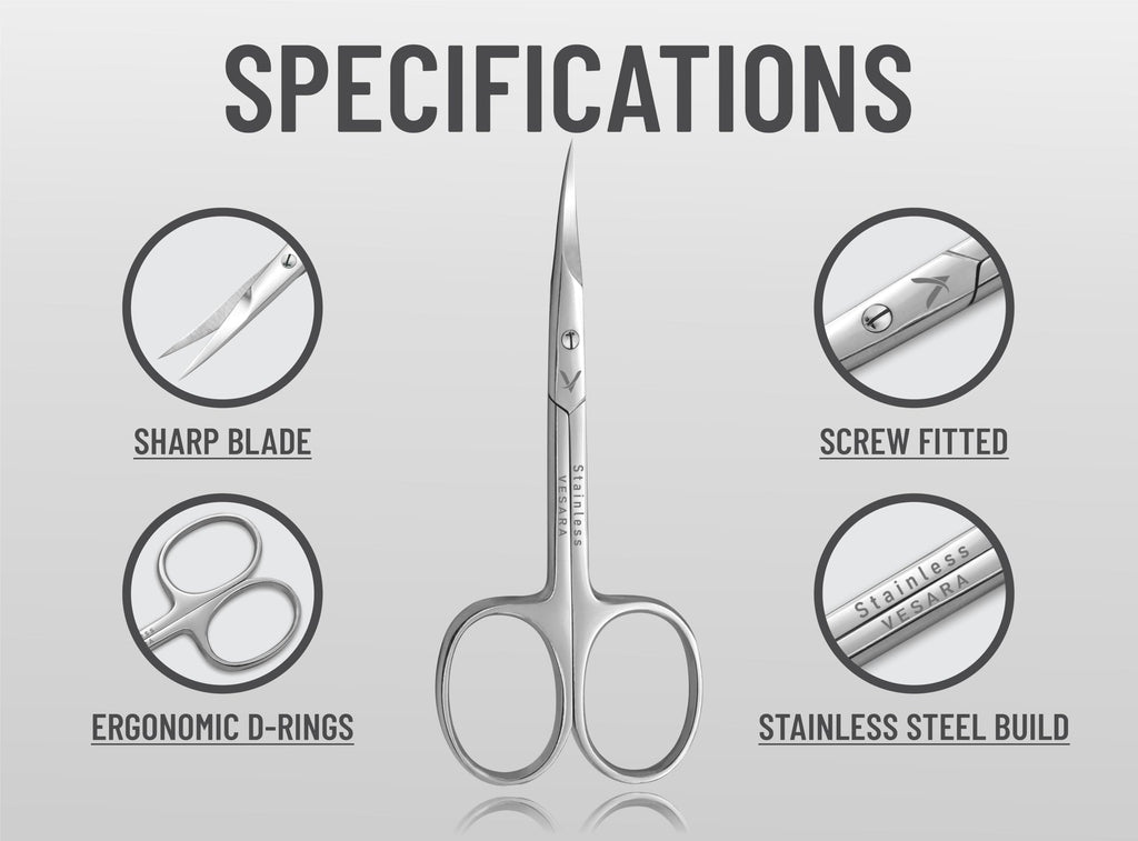 Vesara stainless steel beauty scissors highlighting the precision pointed tips for nail care