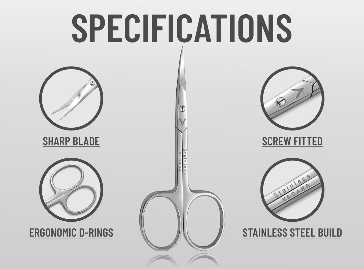 Vesara stainless steel beauty scissors highlighting the precision pointed tips for nail care