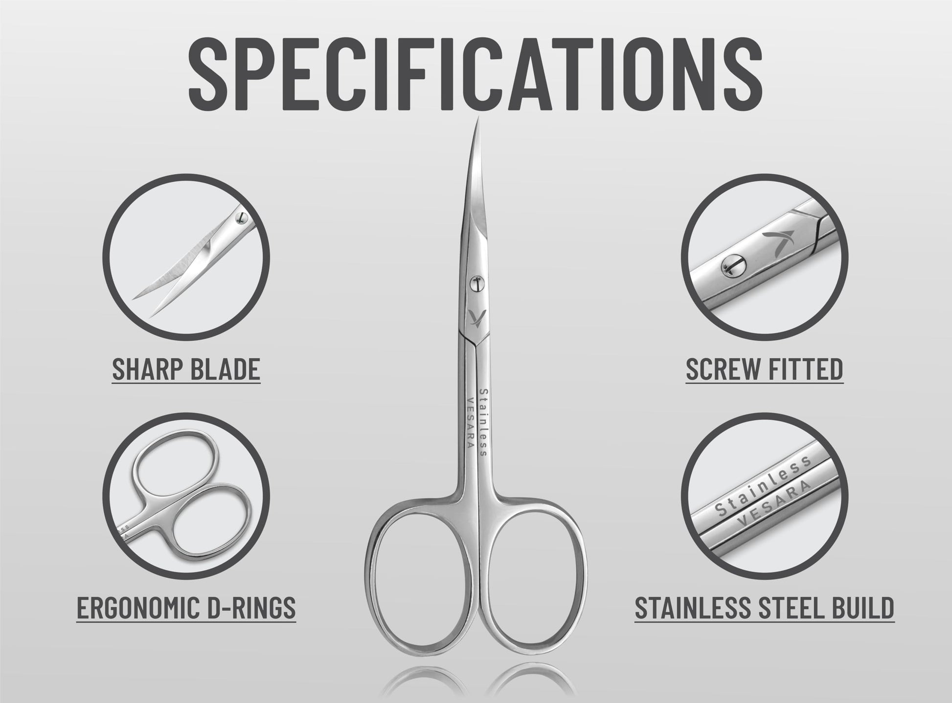 Vesara stainless steel beauty scissors highlighting the precision pointed tips for nail care