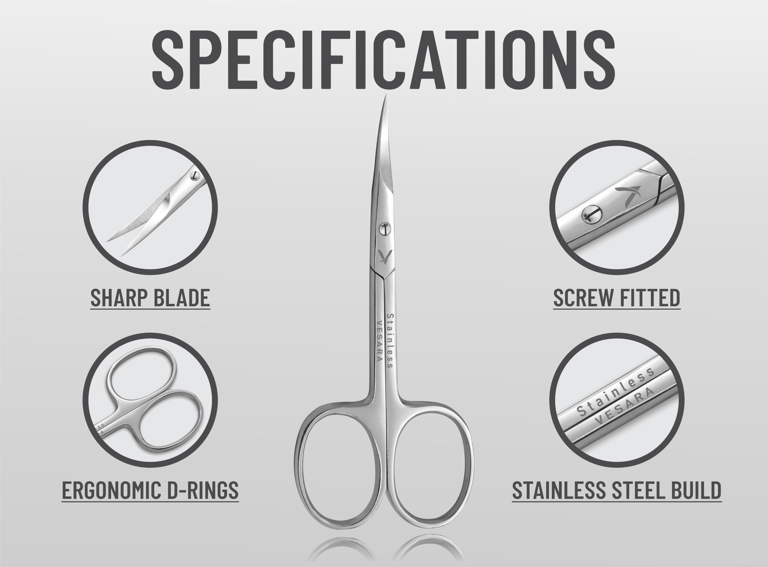 Vesara stainless steel beauty scissors highlighting the precision pointed tips for nail care