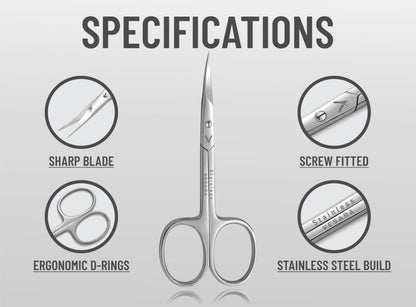 Vesara stainless steel beauty scissors highlighting the precision pointed tips for nail care