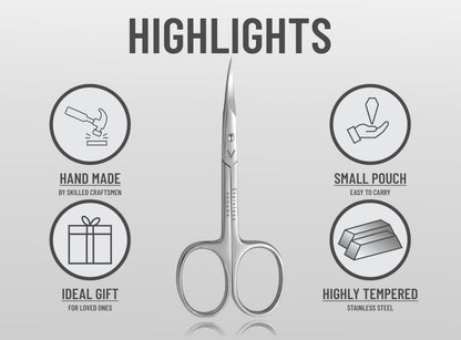 Vesara curved manicure scissors being held to demonstrate the lightweight ring handles