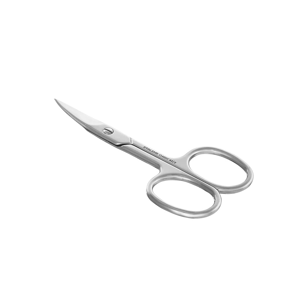 Staleks stainless steel manicure scissors showing short handles and finger rings.