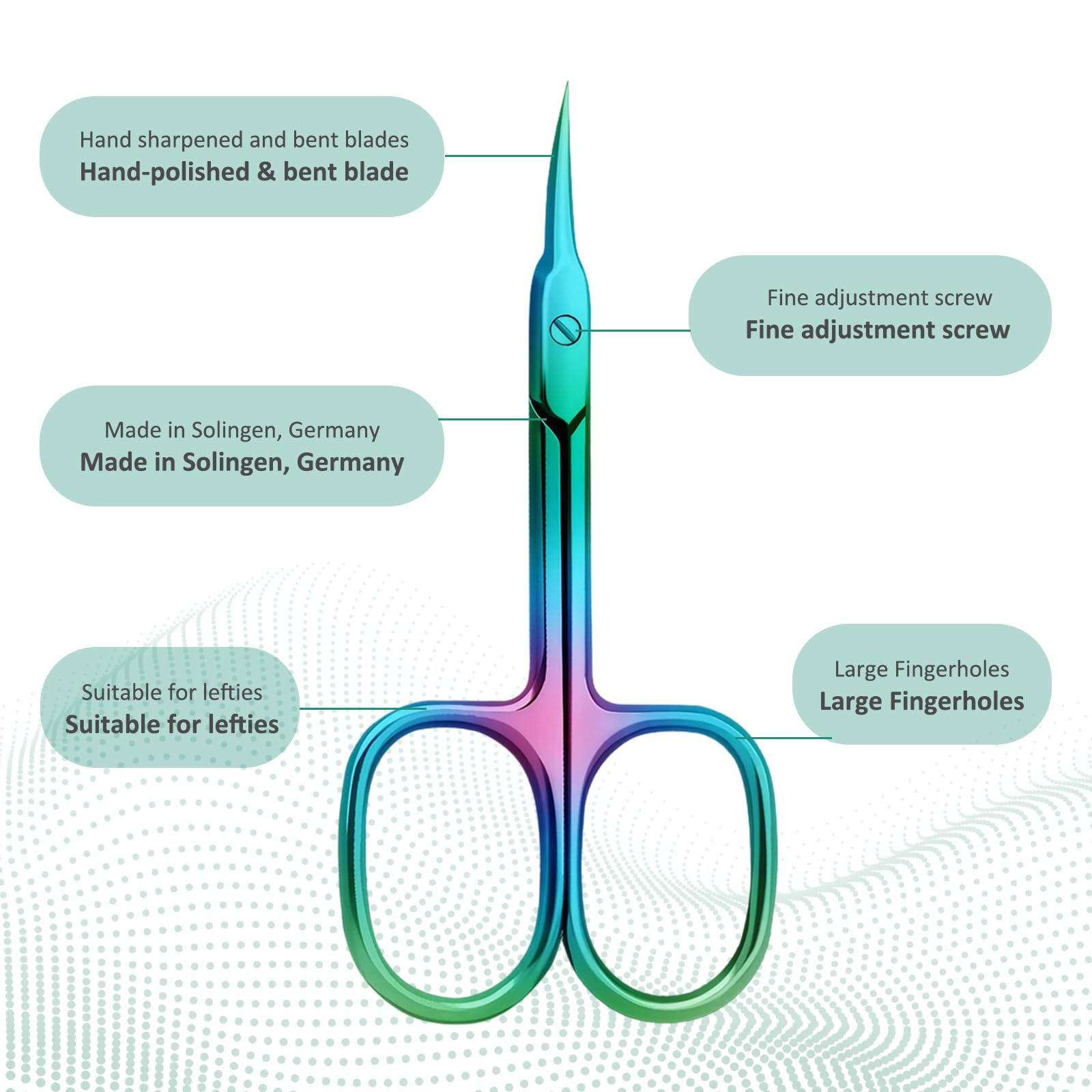 Robohook curved small nail trimming scissors showing the extra fine titanium gradient blade detail.