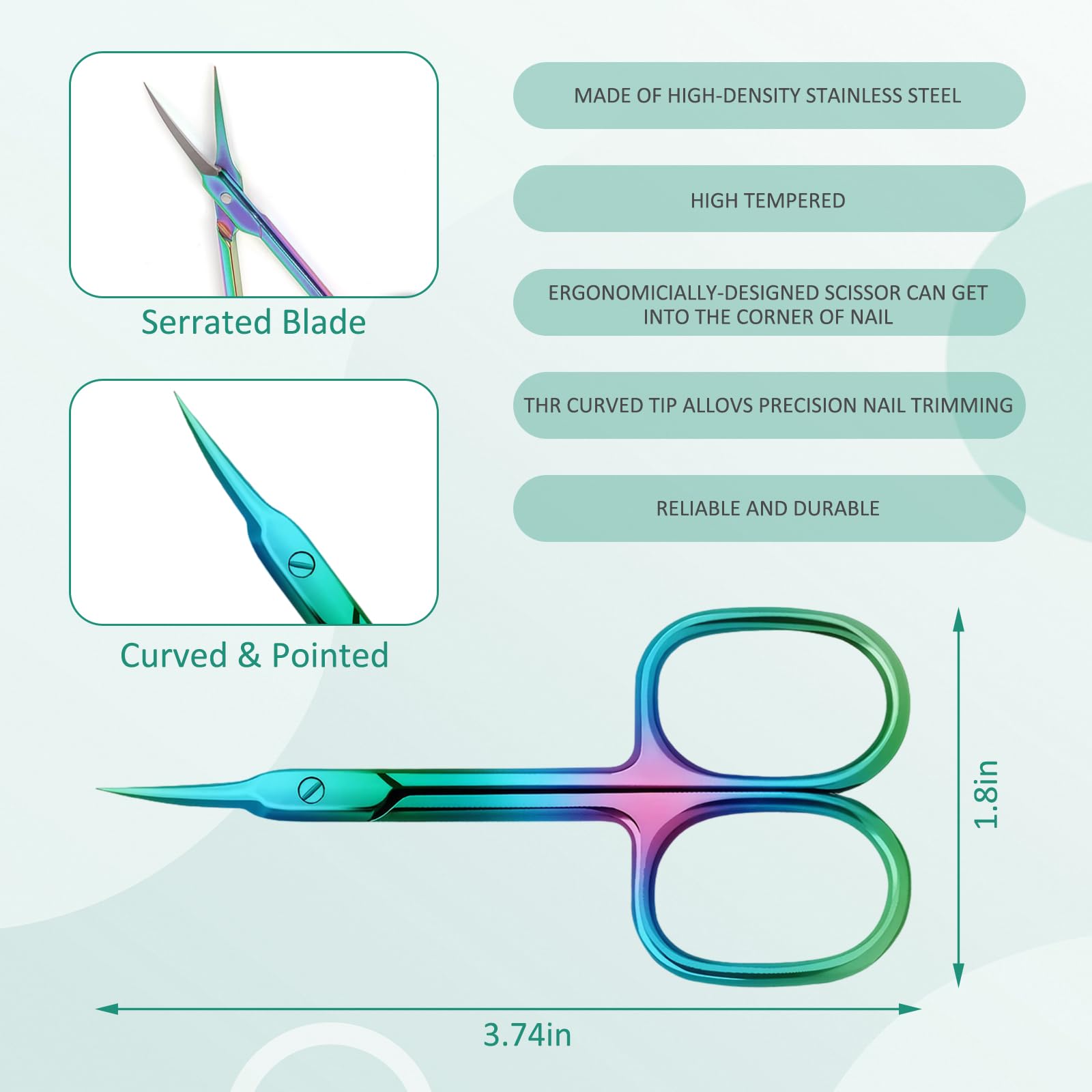 Robohook rainbow colored manicure scissors displaying the ergonomic finger loops for comfortable grip.