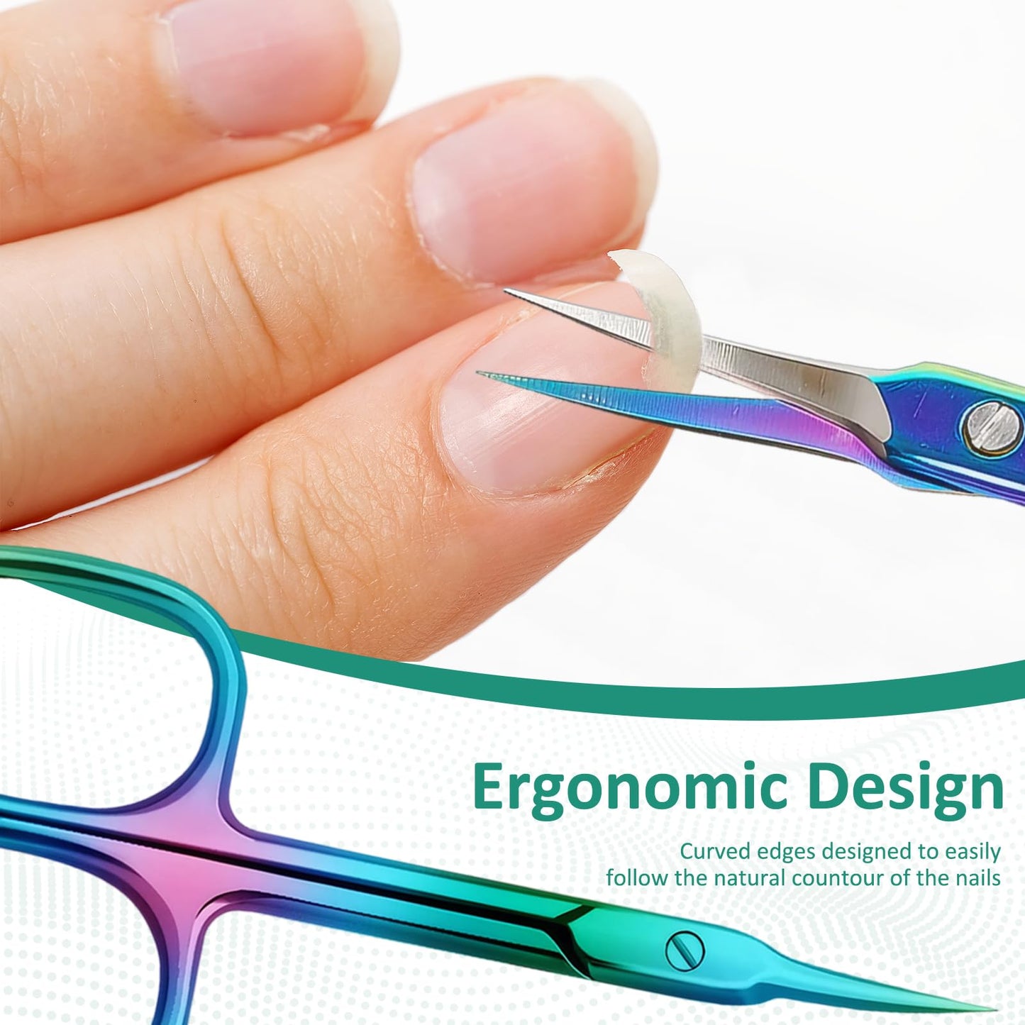 Close up view of the sharp cutting edge on the Robohook curved cuticle care scissors.