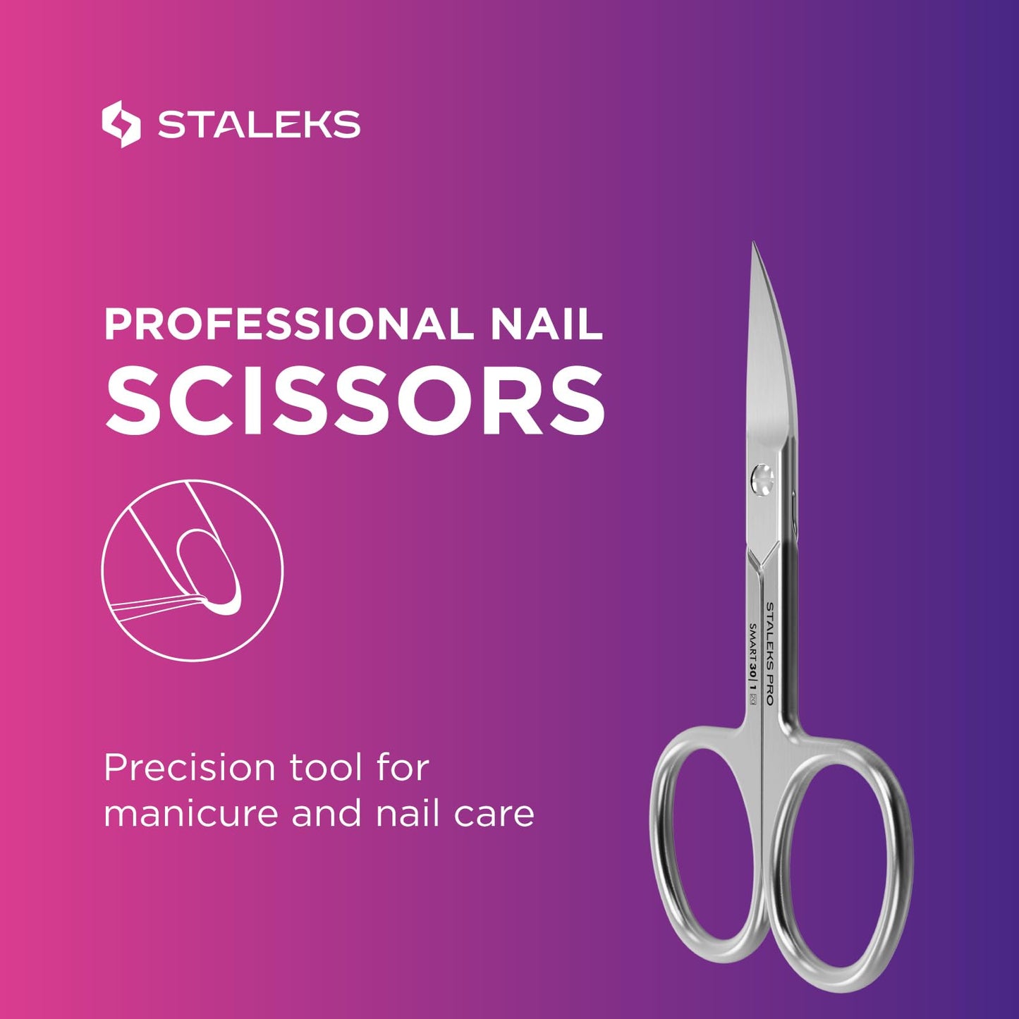 Close-up of the manual sharpening on the Staleks Pro Smart 30 curved nail scissors