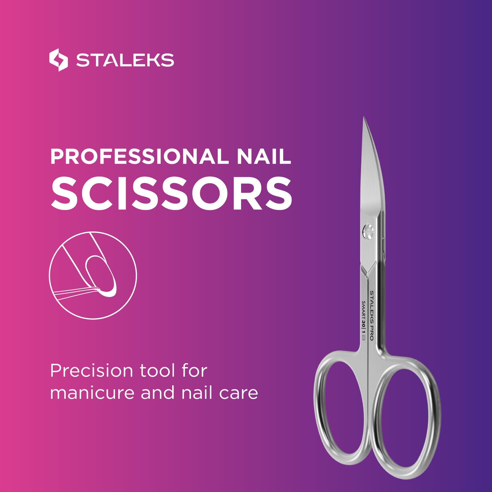 Close-up of the manual sharpening on the Staleks Pro Smart 30 curved nail scissors