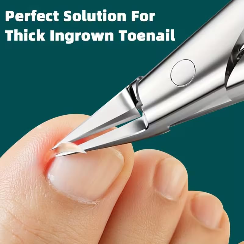 Stainless steel ingrown nail clipper shown with its protective plastic safety cap installed over the sharp tip.