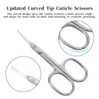 Ergonomic silver eyebrow trimming scissors displaying the comfortable ambidextrous loop handle design.