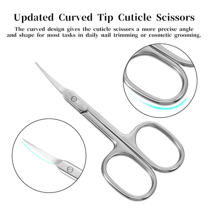 Ergonomic silver eyebrow trimming scissors displaying the comfortable ambidextrous loop handle design.