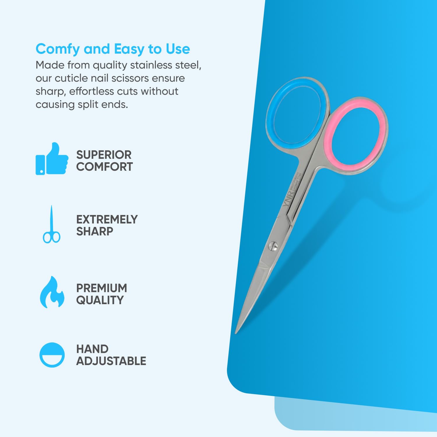 YNR professional manicure scissors close up on the precise sharp tips.