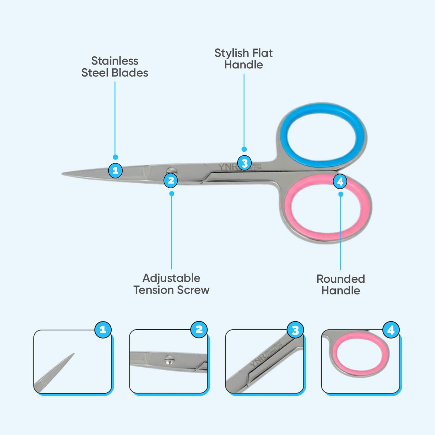 YNR stainless steel beauty grooming scissors displaying the ergonomic finger ring handles.