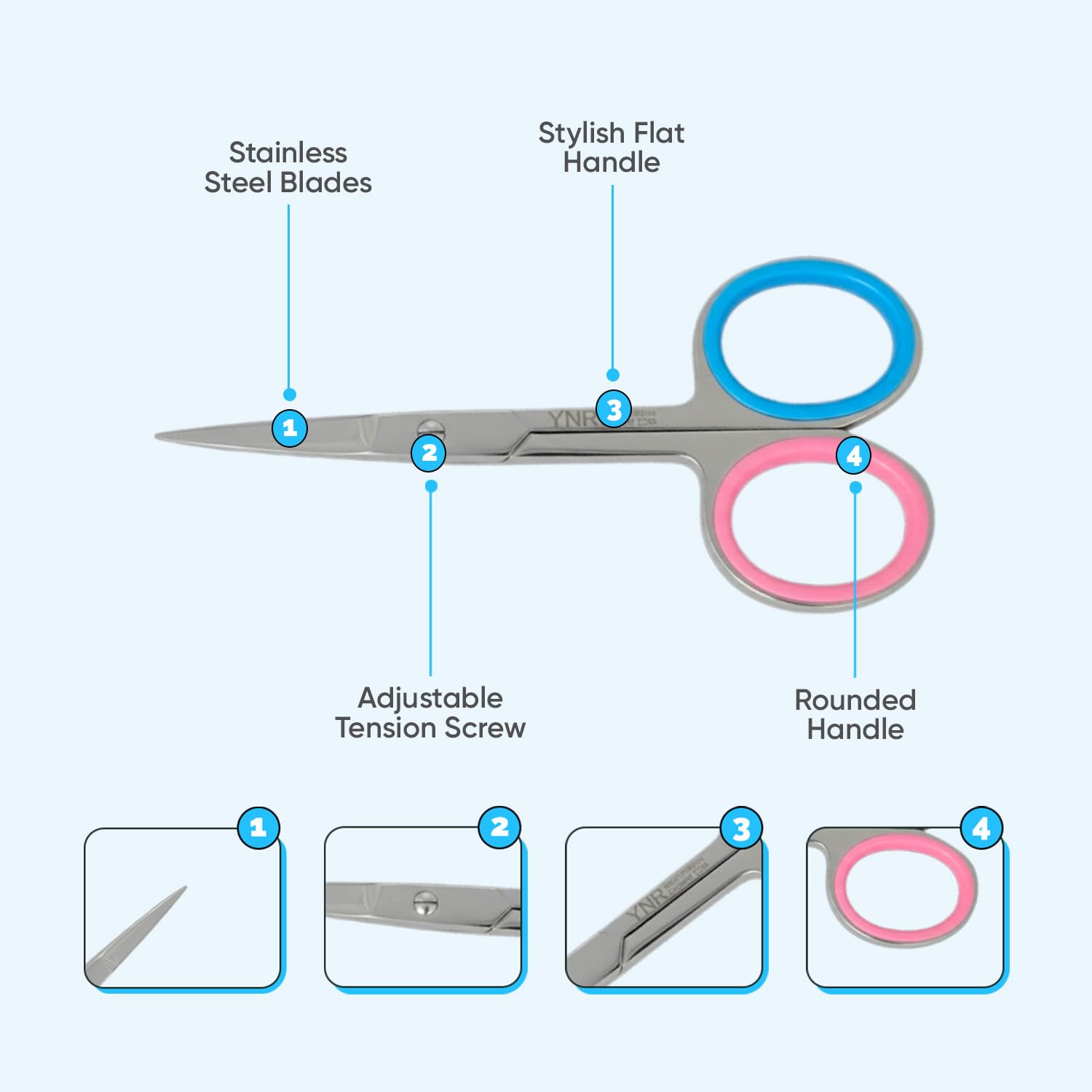 YNR stainless steel beauty grooming scissors displaying the ergonomic finger ring handles.