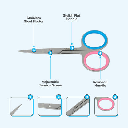 YNR stainless steel beauty grooming scissors displaying the ergonomic finger ring handles.