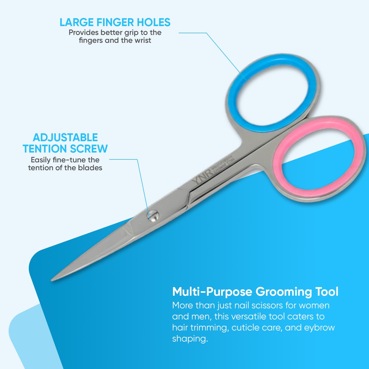 YNR imported personal care scissors packaging and product details.