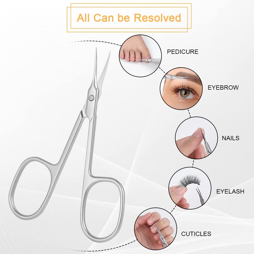 AOMIG curved tip nail scissors resting on a clean salon manicure setup background