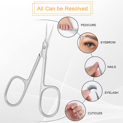 AOMIG curved tip nail scissors resting on a clean salon manicure setup background
