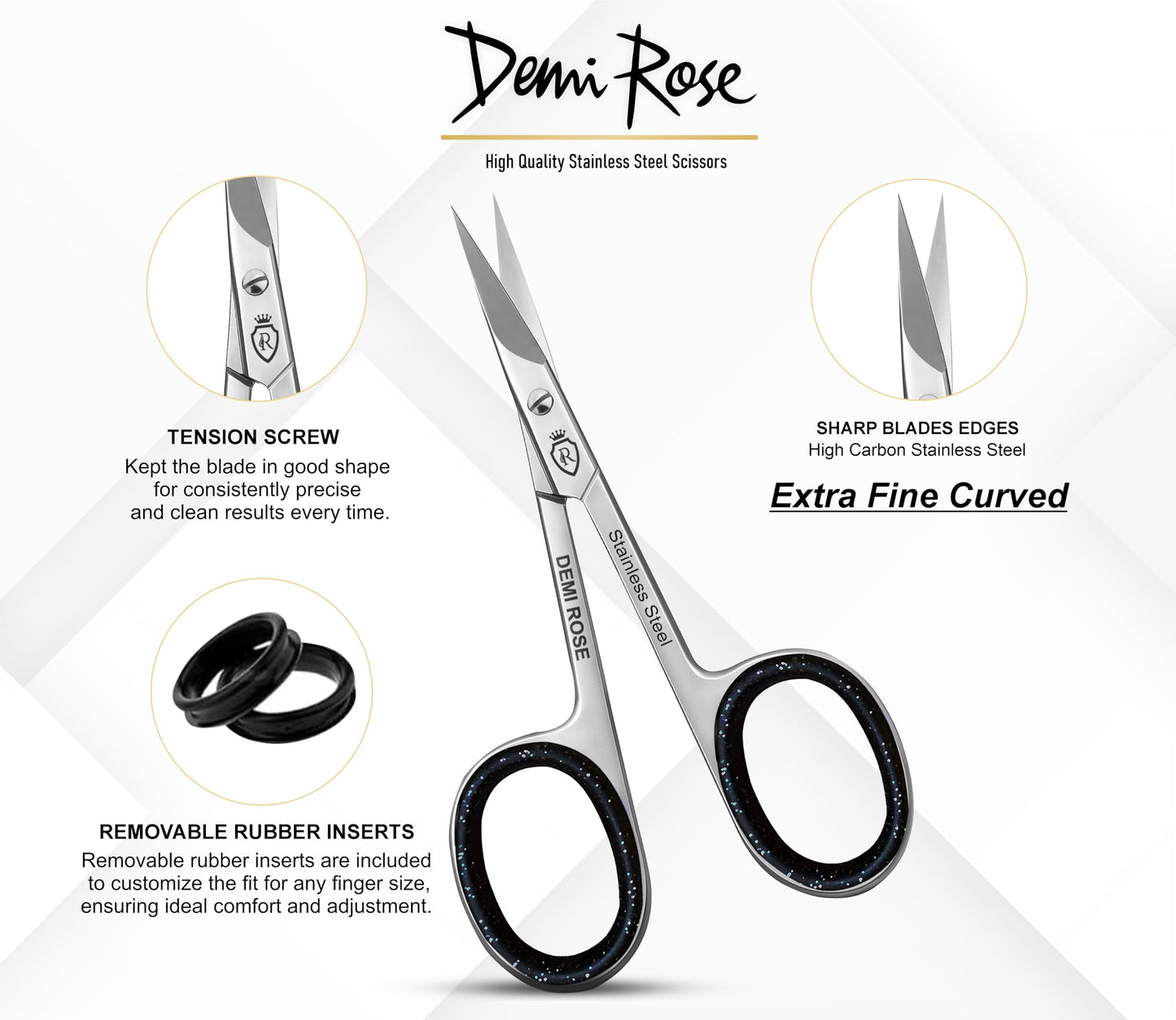 Close up of the curved blades on the Demi Rose grooming scissors showing precision edge