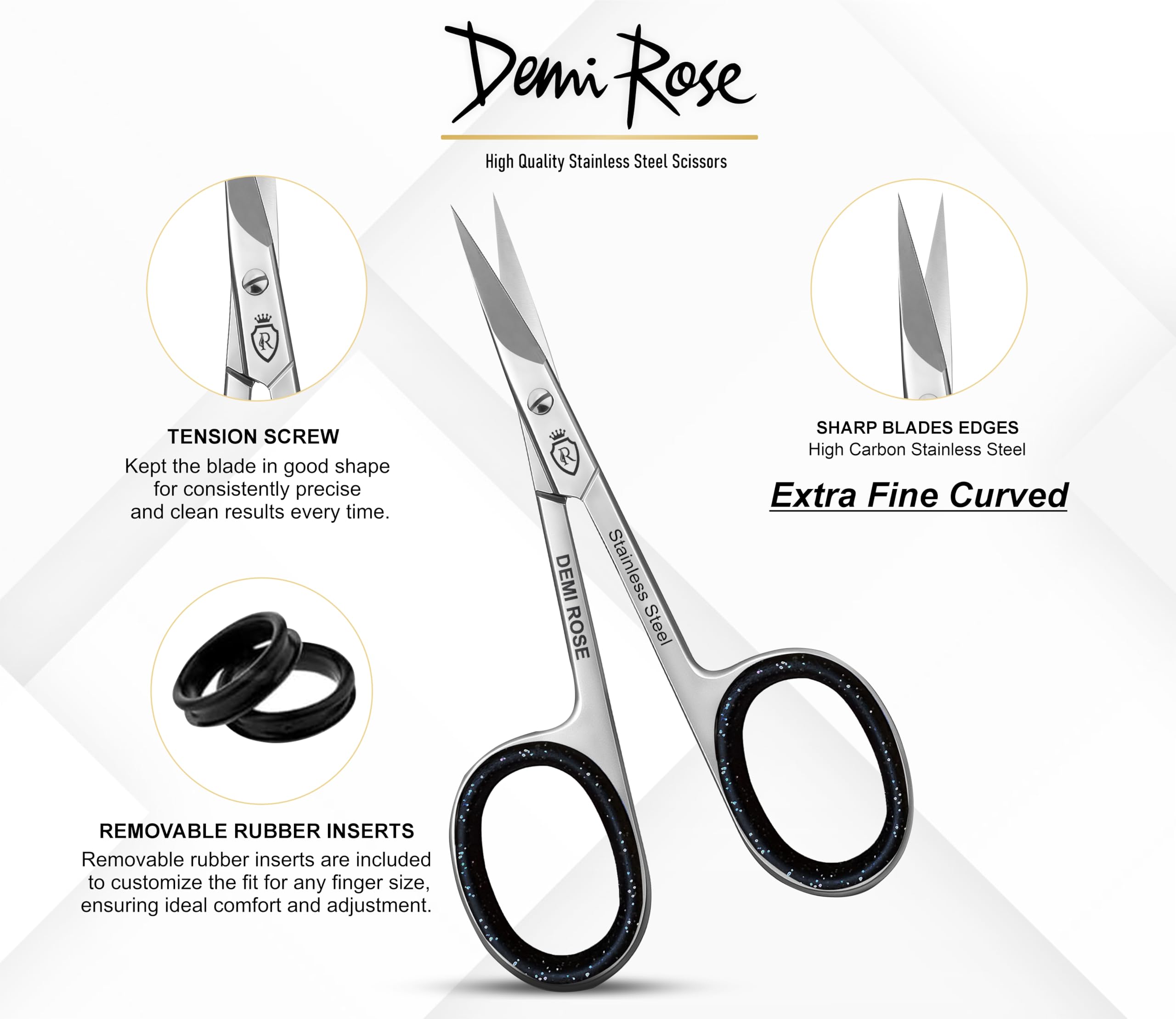 Close up of the curved blades on the Demi Rose grooming scissors showing precision edge