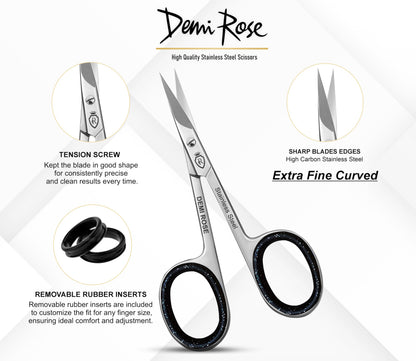 Close up of the curved blades on the Demi Rose grooming scissors showing precision edge