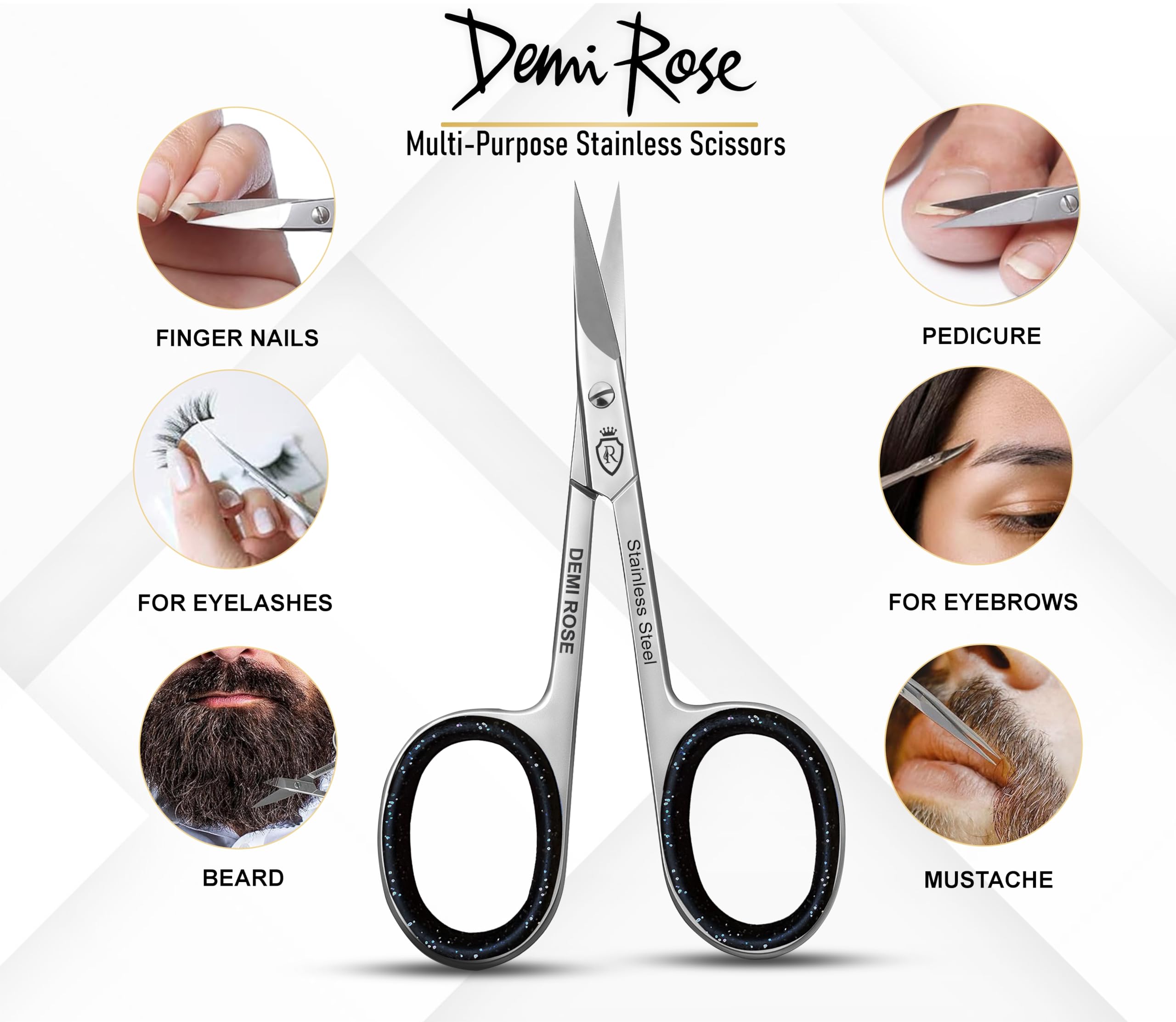 Ergonomic handles of Demi Rose cuticle scissors featuring textured black rubber inserts