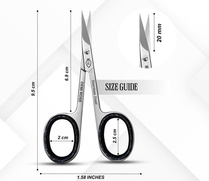 Demi Rose multi purpose grooming scissors being used for eyebrow and facial hair trimming
