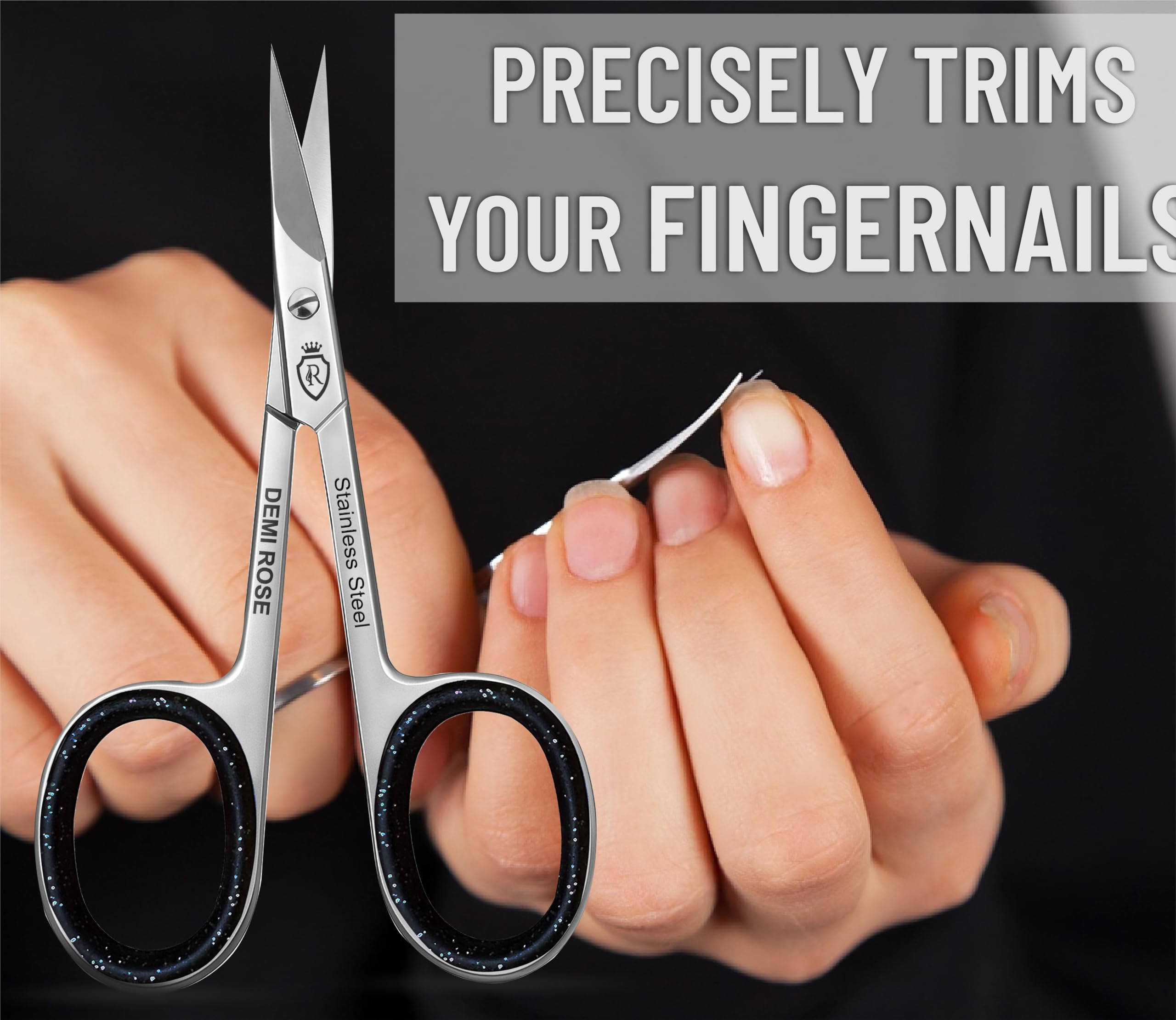 Lightweight fifteen gram Demi Rose stainless steel manicure scissors displayed flat