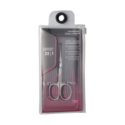 Side profile of Staleks Pro Expert 22 Type 1 stainless steel manicure scissors highlighting blade curvature