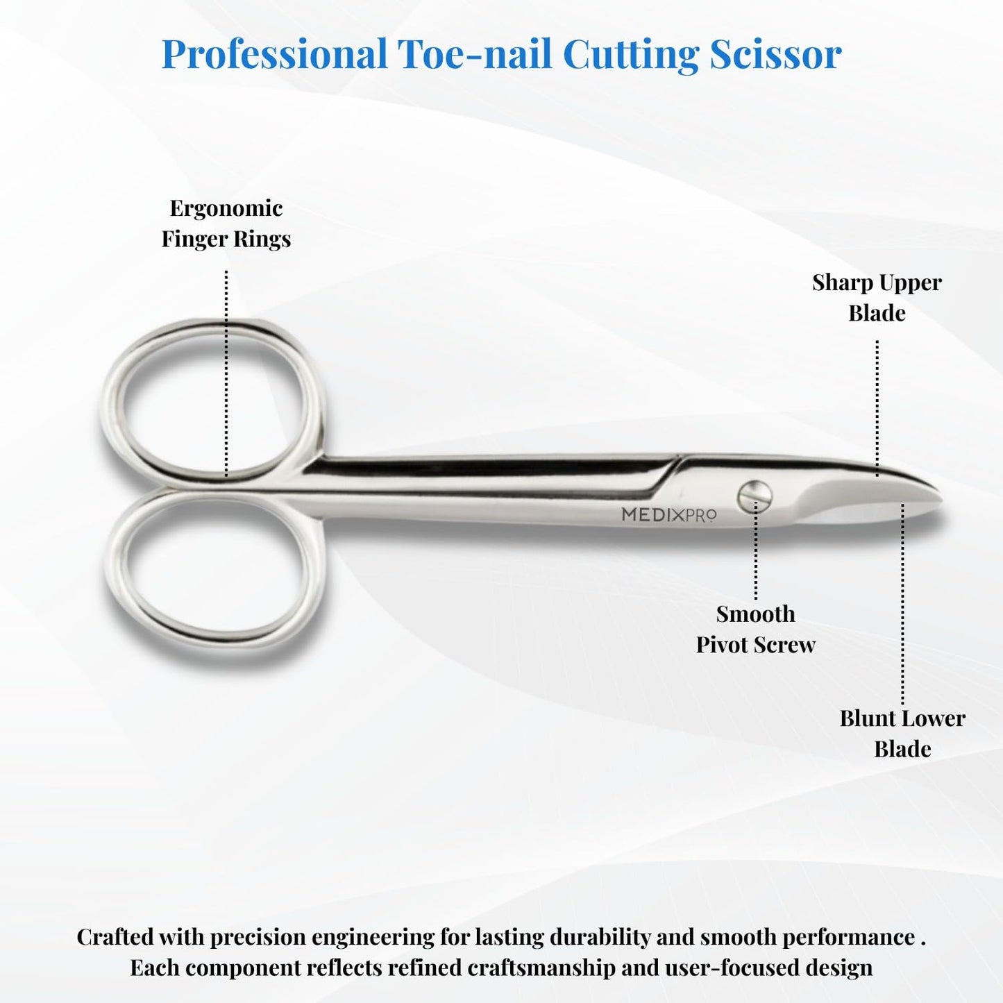 Close up look at the surgical grade stainless steel cutting edge of the Rockville Unlimited pedicure scissors.