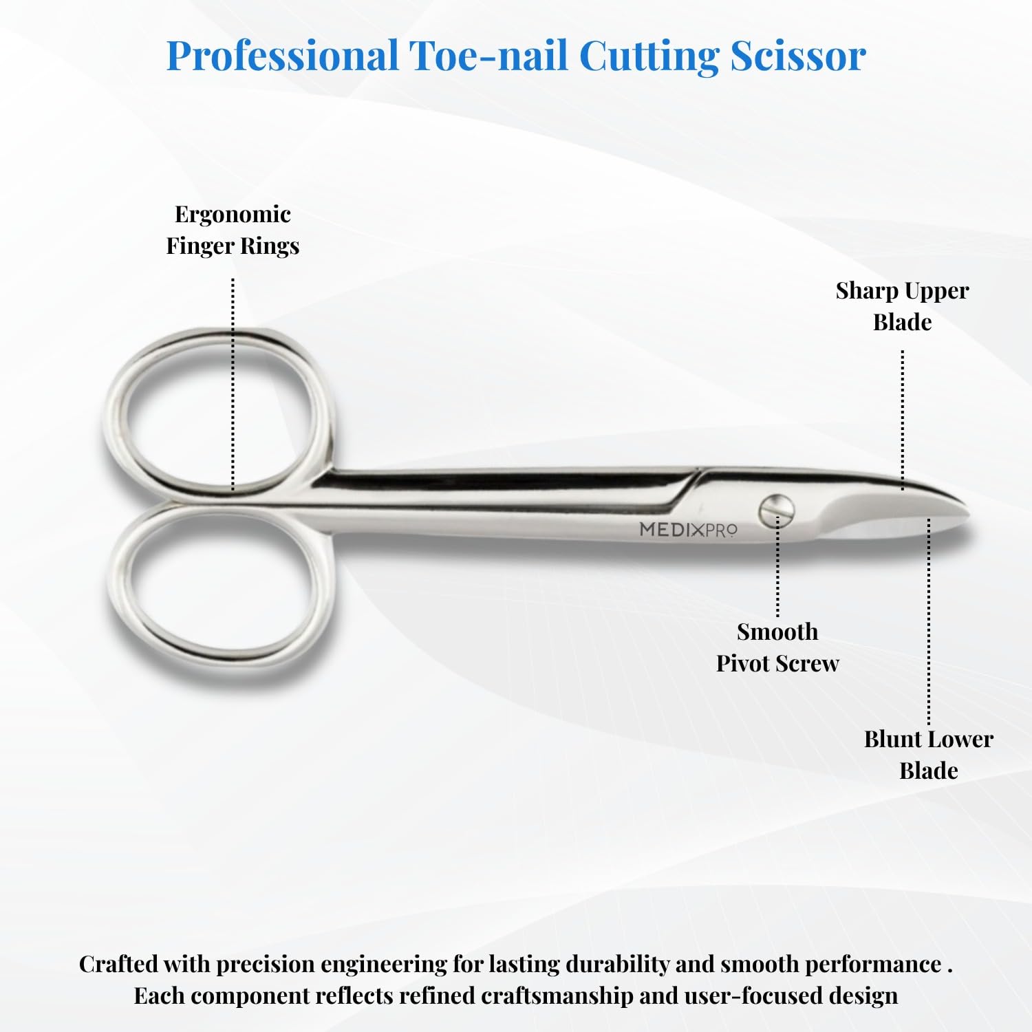 Close up look at the surgical grade stainless steel cutting edge of the Rockville Unlimited pedicure scissors.