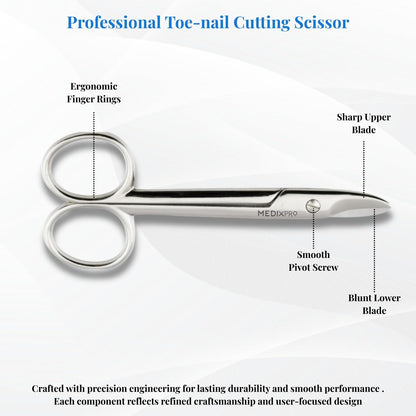 Close up look at the surgical grade stainless steel cutting edge of the Rockville Unlimited pedicure scissors.