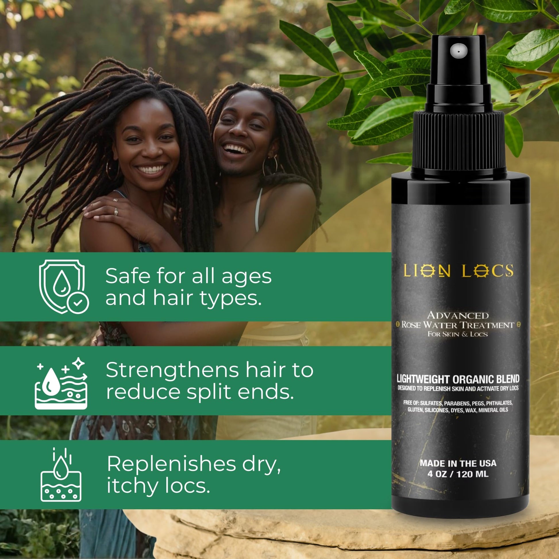 Side view of Lion Locs rosewater mist for dreadlocks