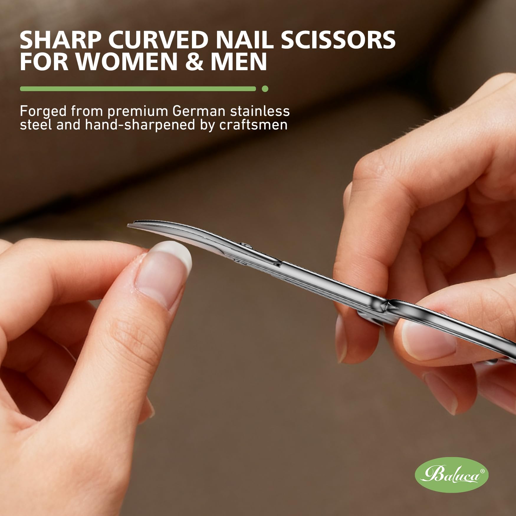 Baluca 3.5 inch precision cuticle trimming scissors with its protective travel storage case.