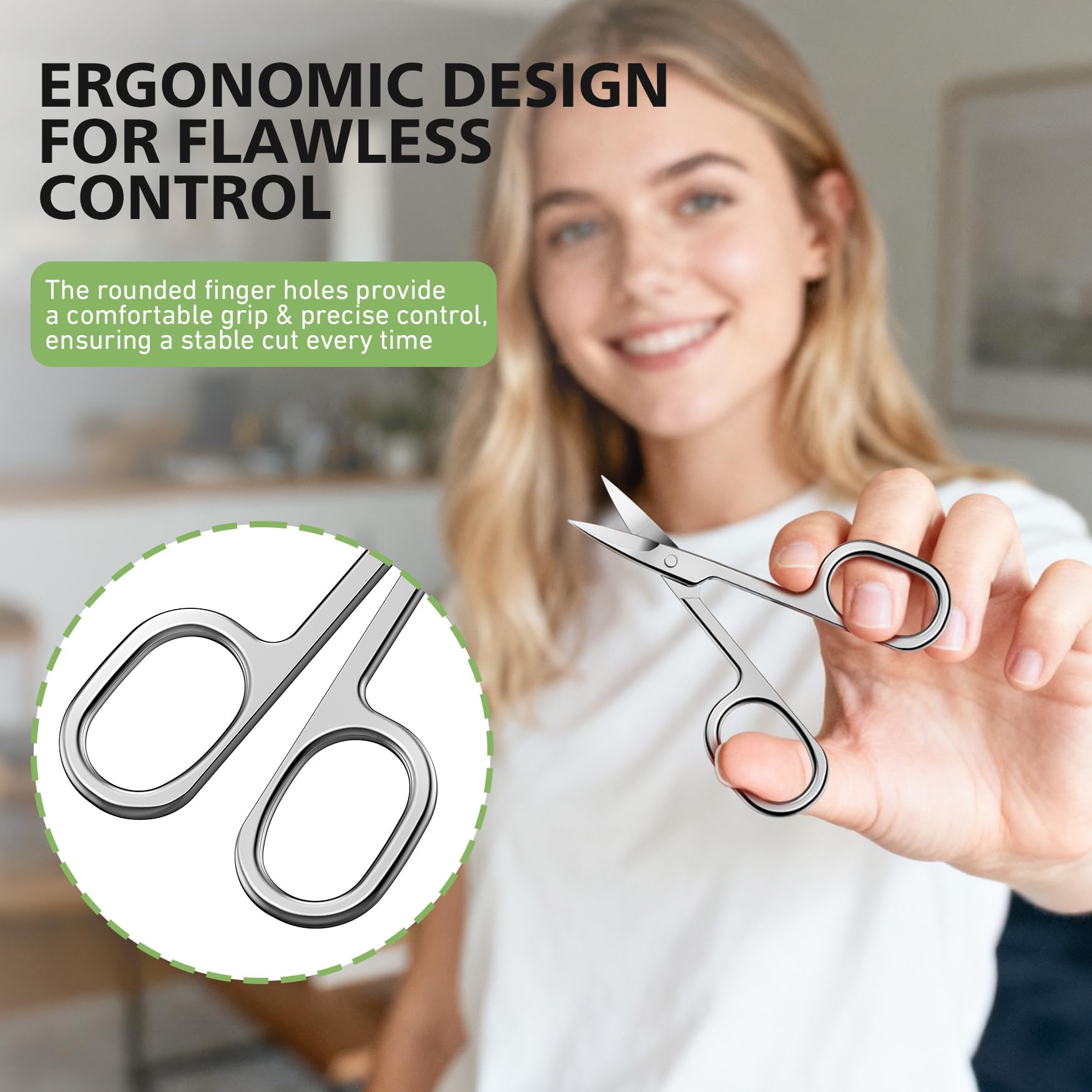 Baluca multi purpose stainless steel scissors being held to demonstrate ergonomic finger loops.