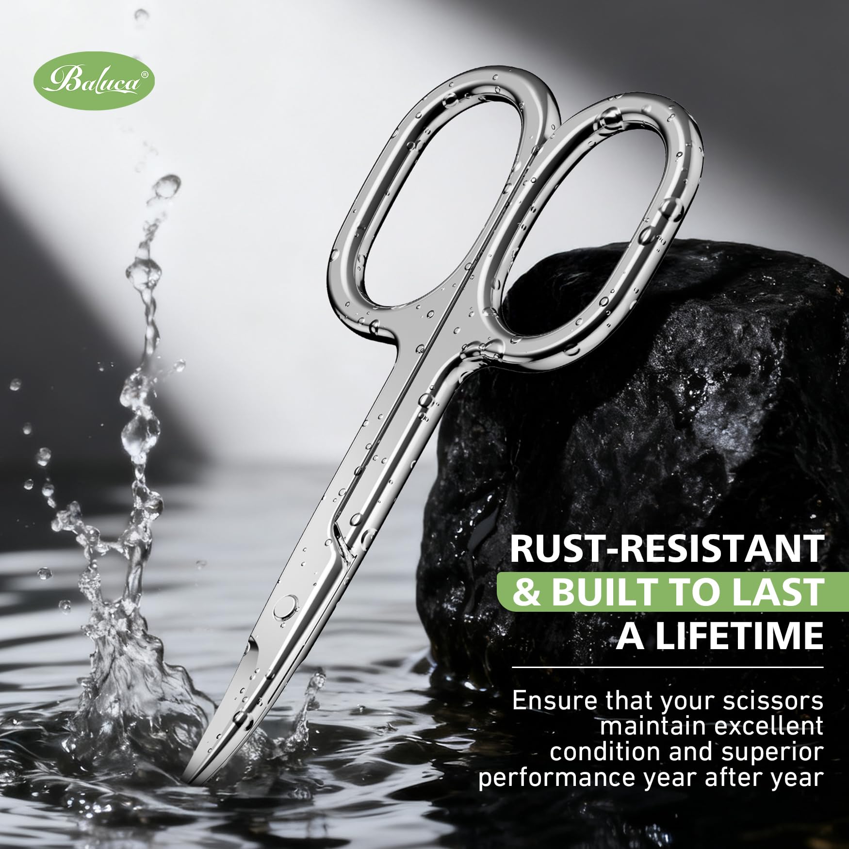 Premium Baluca eyebrow and mustache grooming scissors in a polished silver finish.