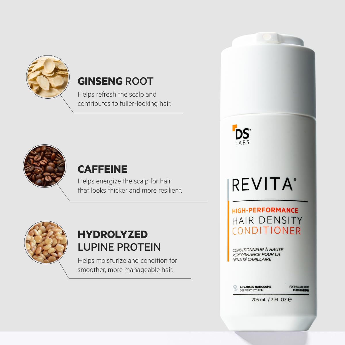 DS Labs Revita anti hair loss thickening conditioner formula details and size