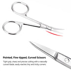 Demonstration of the curved blade scissor trimming cuticles with salon level accuracy.