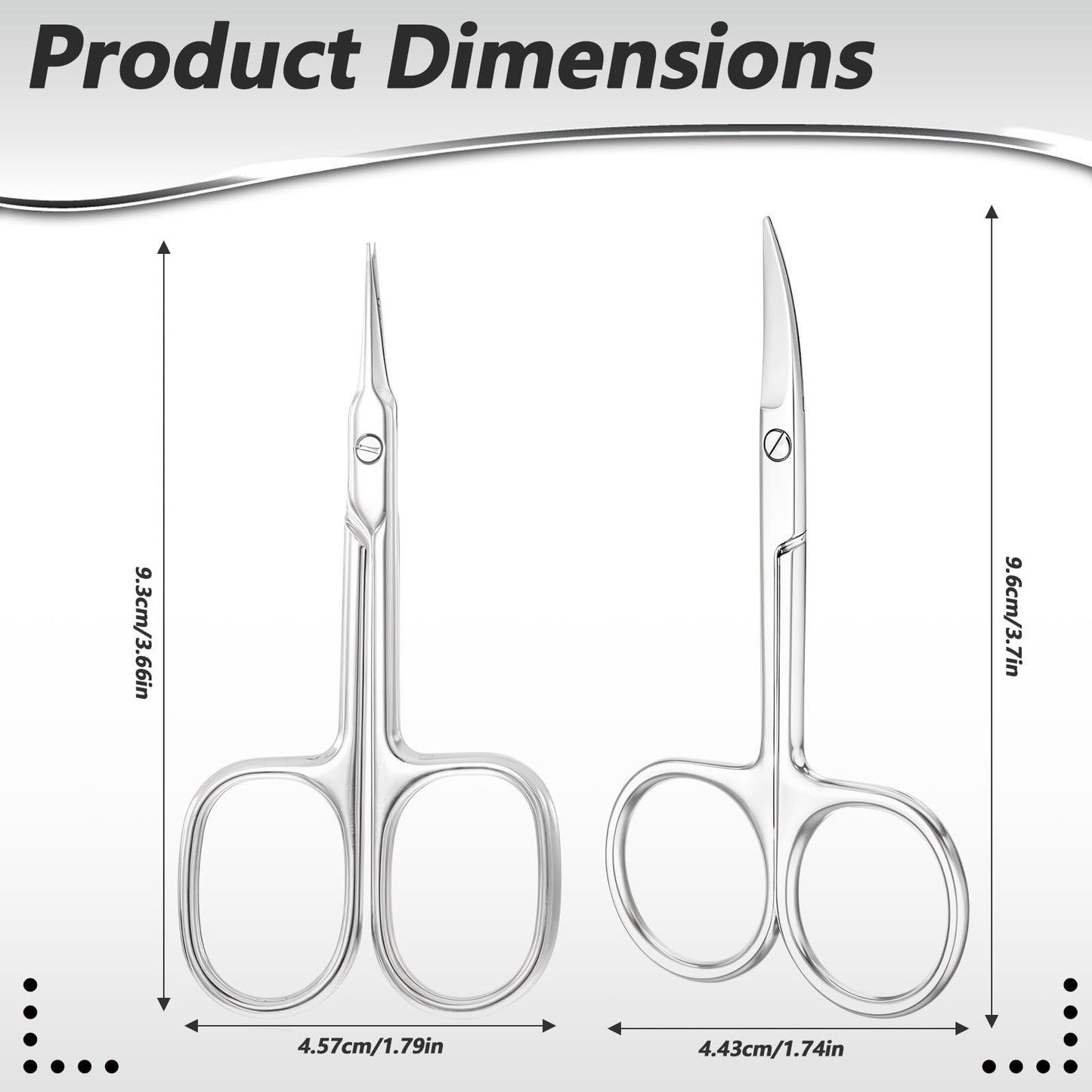 Two pack of professional silver nail scissors showcasing the ultra thin pointed tips for precise dead skin removal.