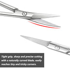 Side profile of the curved blade detailing the slim structure ideal for intricate eyelash and beard grooming.