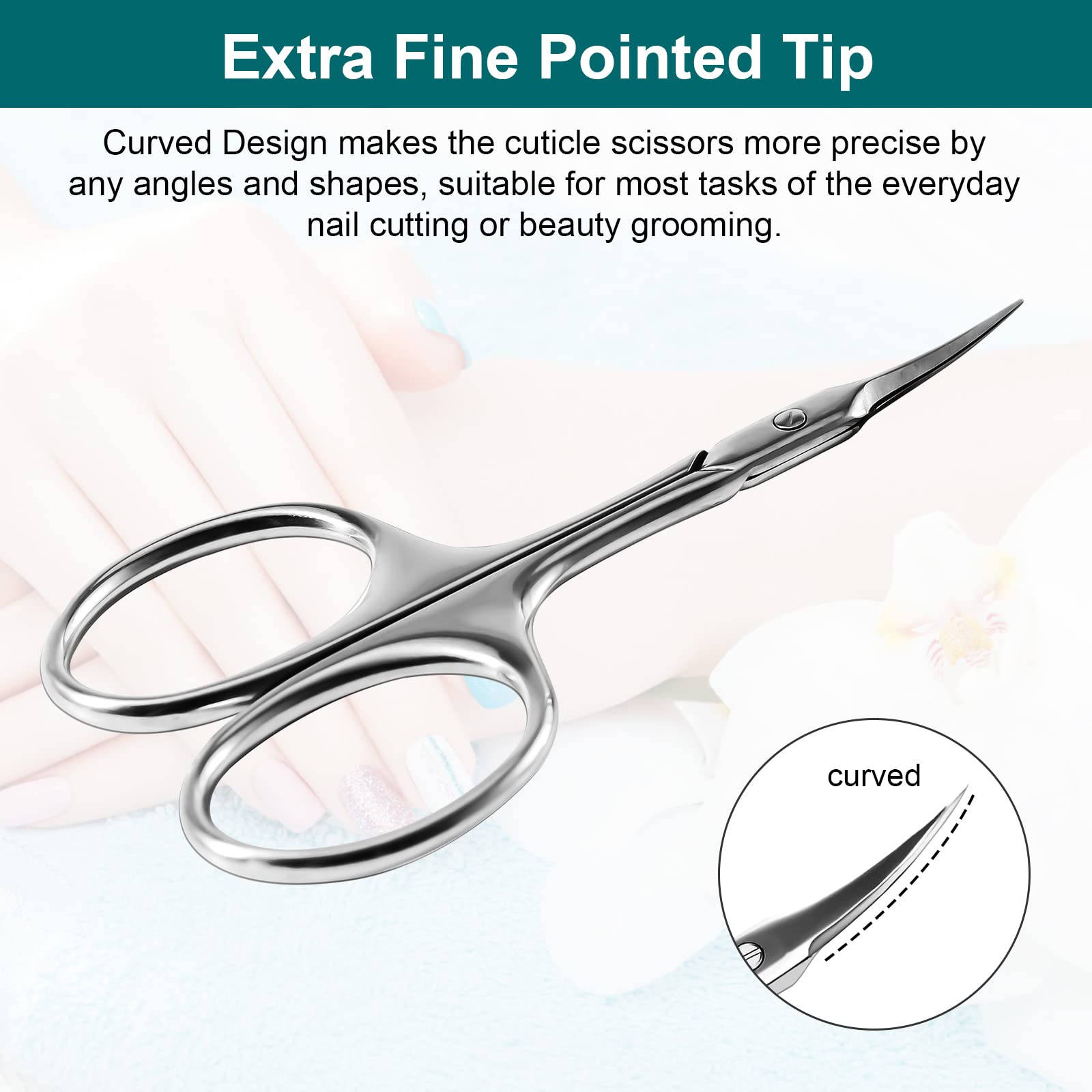 Close up view of the extra fine pointed tips of the eyebrow grooming scissors.