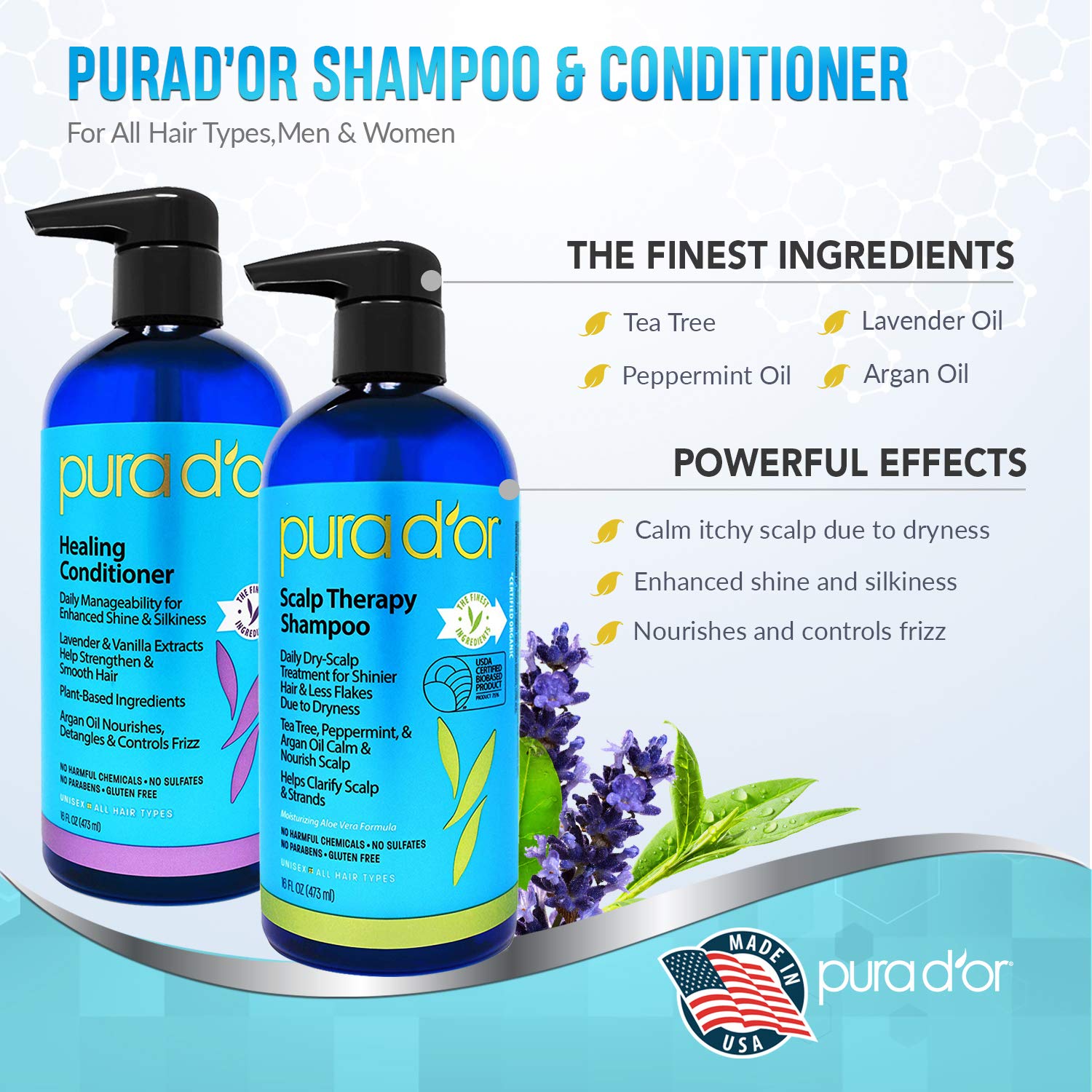 Pura D'or blue sixteen ounce duo bottles for dry itchy scalp care