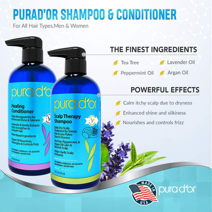 Pura D'or blue sixteen ounce duo bottles for dry itchy scalp care