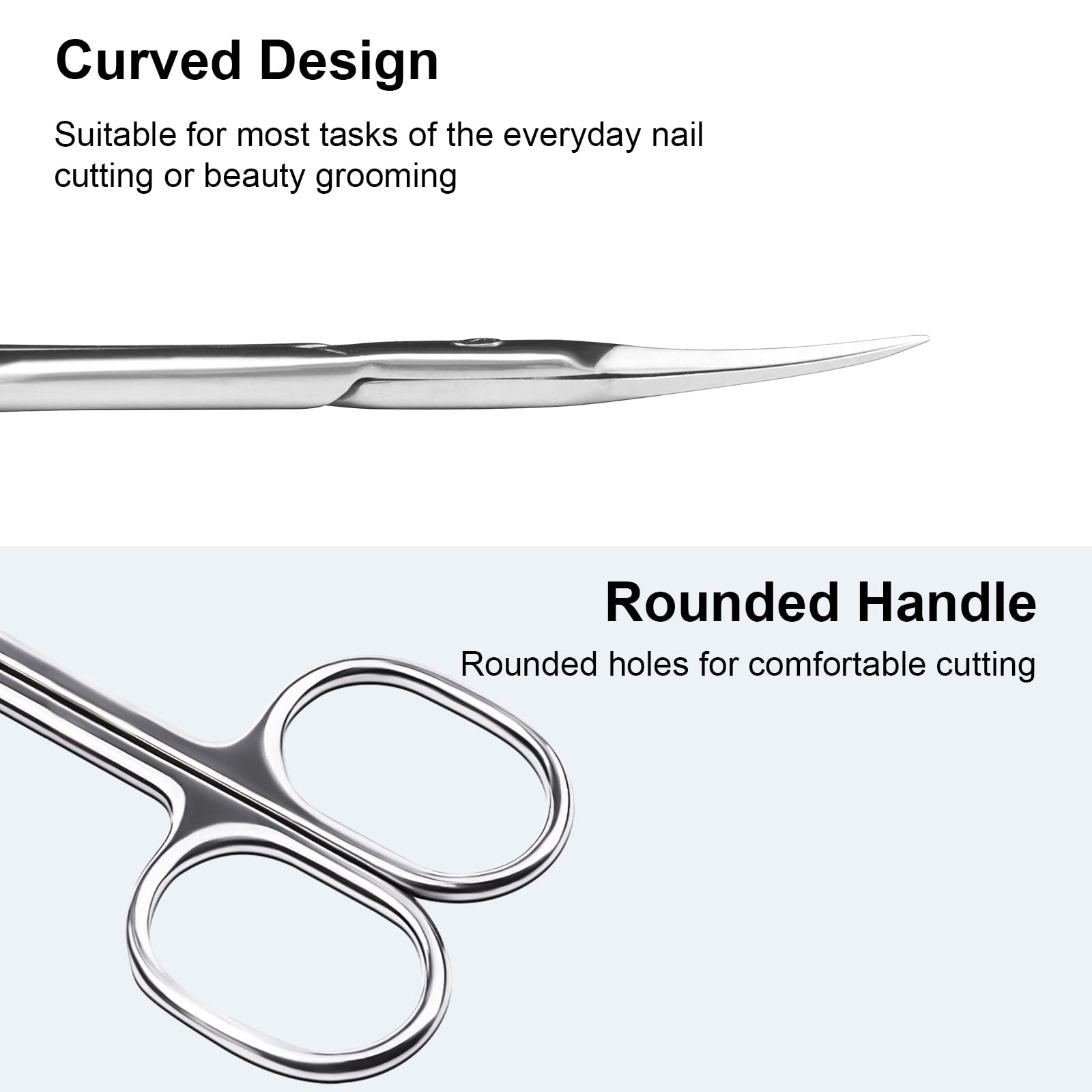 Ergonomic round handles of the professional cuticle scissors for secure grip.